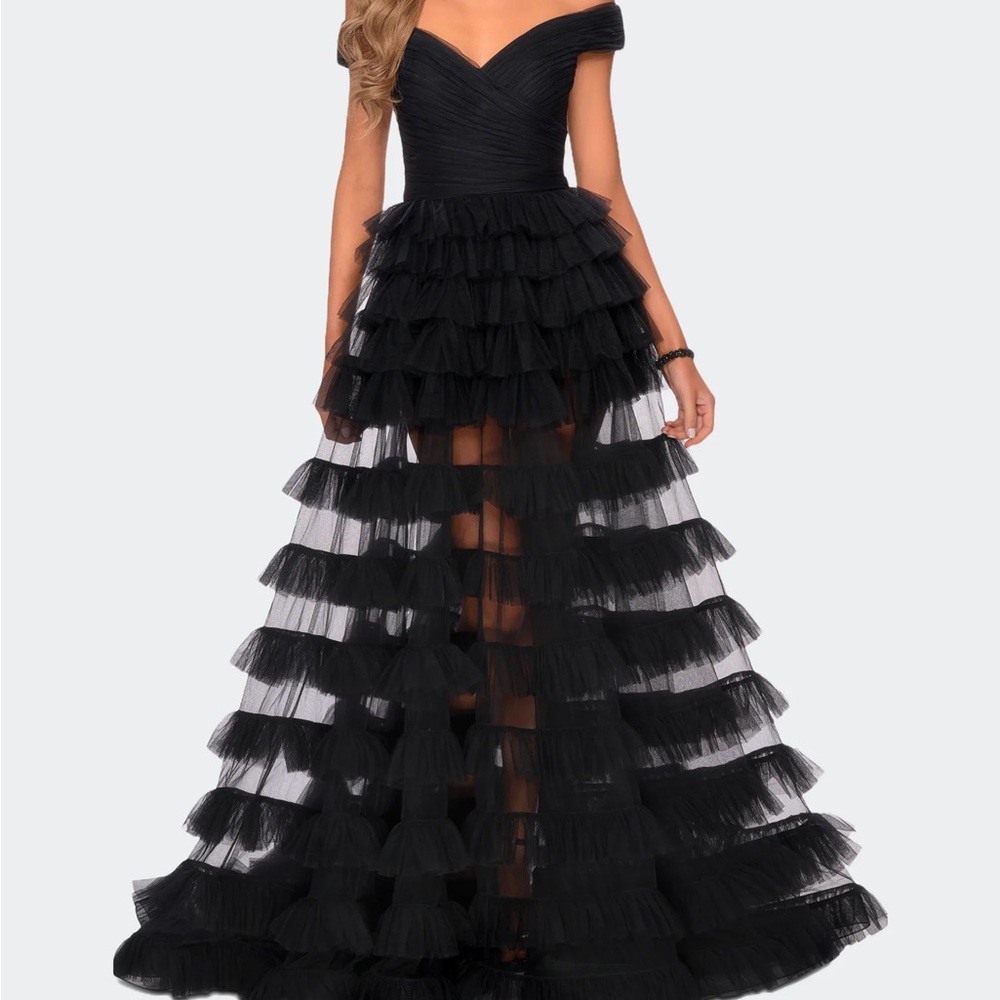 La Femme black Dress Sheer Layered Tulle Off the Shoulder Prom Gown
